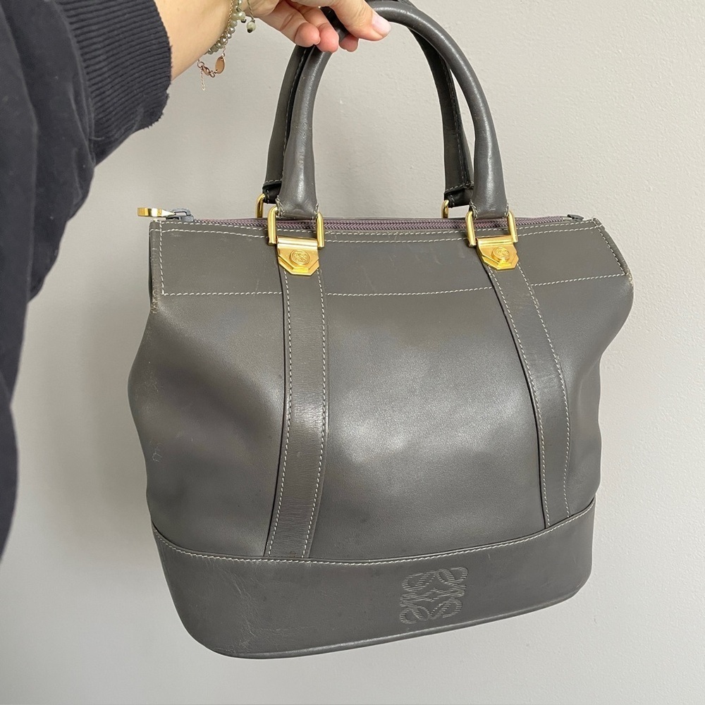 Vintage Loewe Gray Leather Top Handle Purse w/ COA - made in Spain 🇪🇸